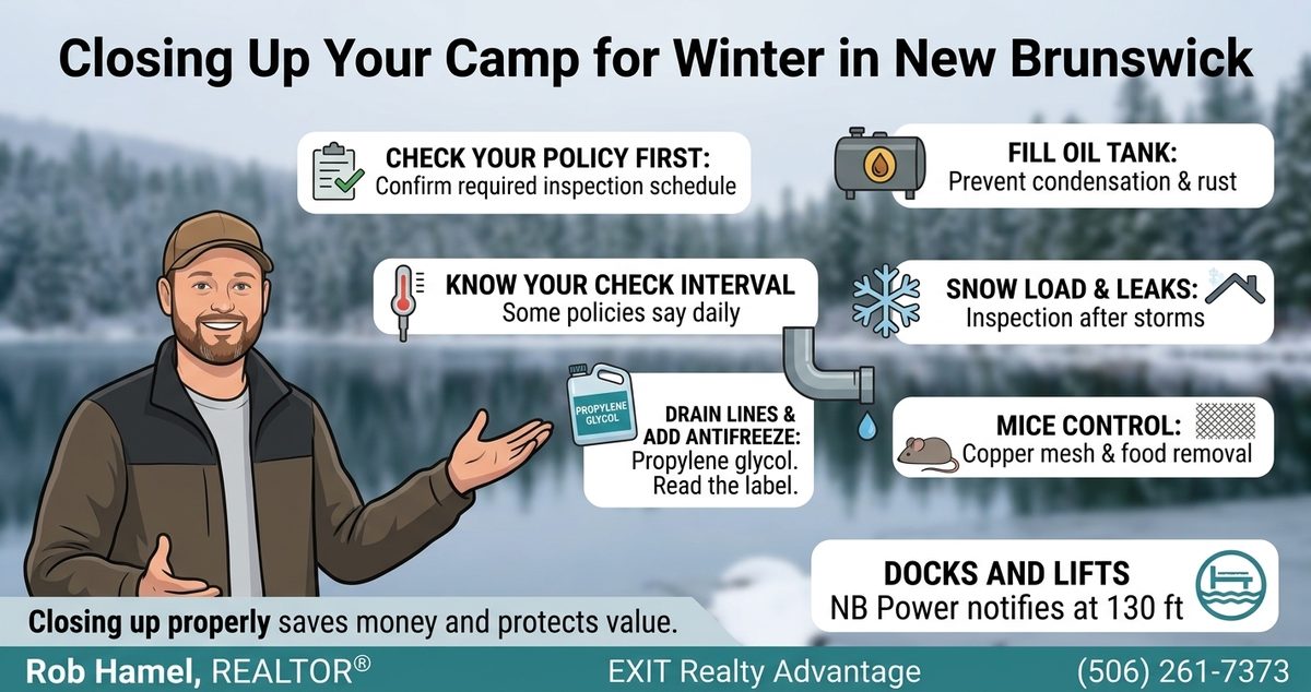 Checklist graphic: closing up a camp for winter in New Brunswick - check your policy, know your check interval, drain lines and add propylene glycol antifreeze, fill the oil tank, snow load, mice, docks and lifts